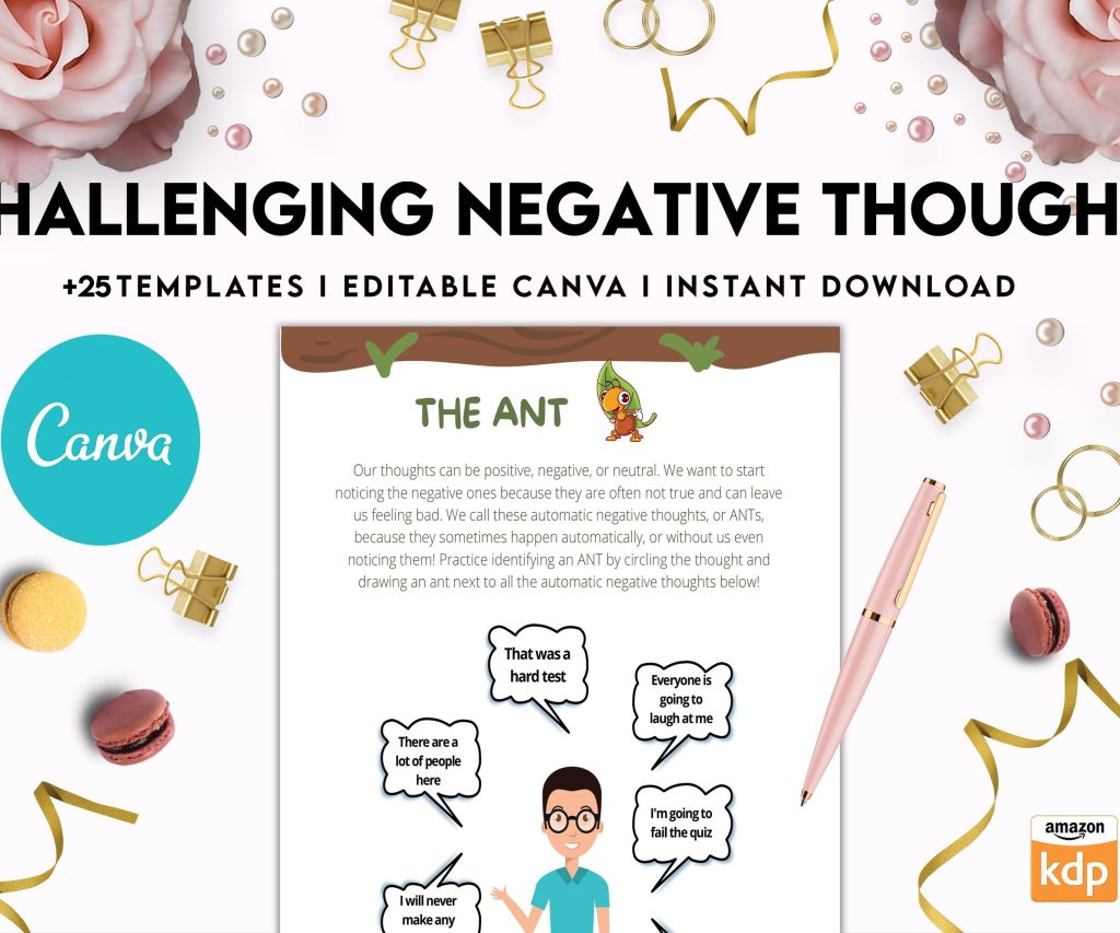 Challenging Negative Thoughts, CBT Editable Templates Worksheets, Self care journal, Self Help Tool Therapy Mental Health Counseling Aid, Canva Editable Templates, Kdp interior