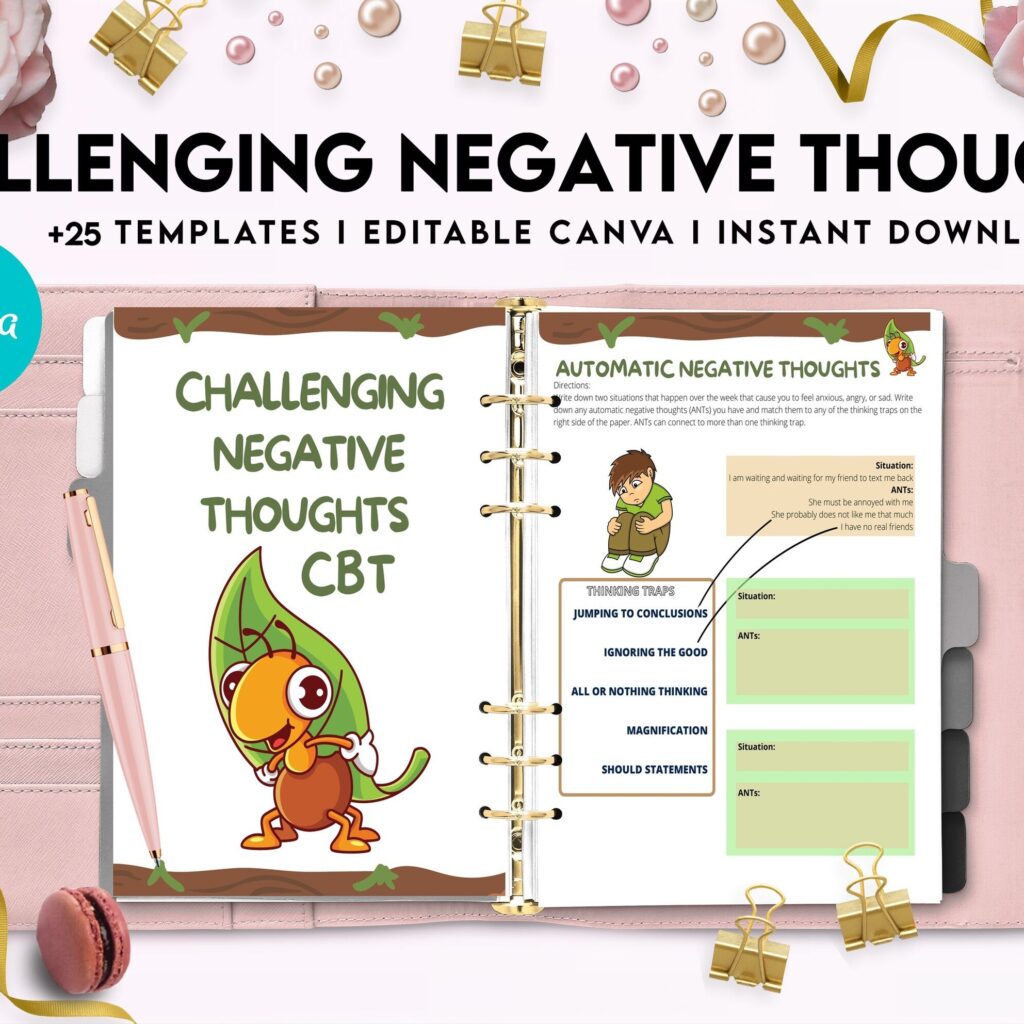 Challenging Negative Thoughts, CBT Editable Templates Worksheets, Self care journal, Self Help Tool Therapy Mental Health Counseling Aid, Canva Editable Templates, Kdp interior