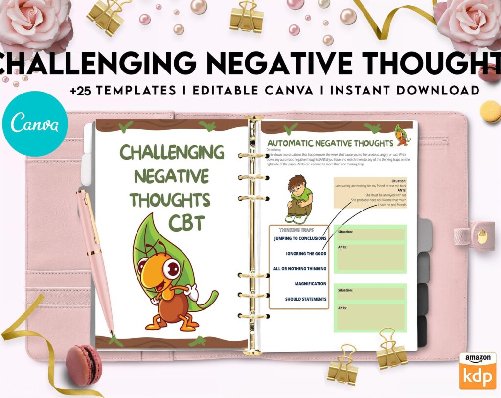 Challenging Negative Thoughts, CBT Editable Templates Worksheets, Self care journal, Self Help Tool Therapy Mental Health Counseling Aid, Canva Editable Templates, Kdp interior
