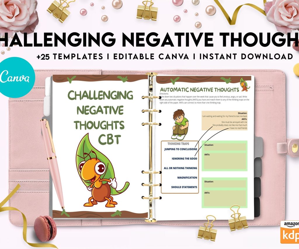 Challenging Negative Thoughts, CBT Editable Templates Worksheets, Self care journal, Self Help Tool Therapy Mental Health Counseling Aid, Canva Editable Templates, Kdp interior