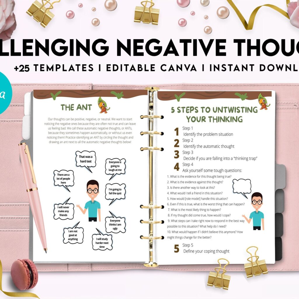 Challenging Negative Thoughts, CBT Editable Templates Worksheets, Self care journal, Self Help Tool Therapy Mental Health Counseling Aid, Canva Editable Templates, Kdp interior