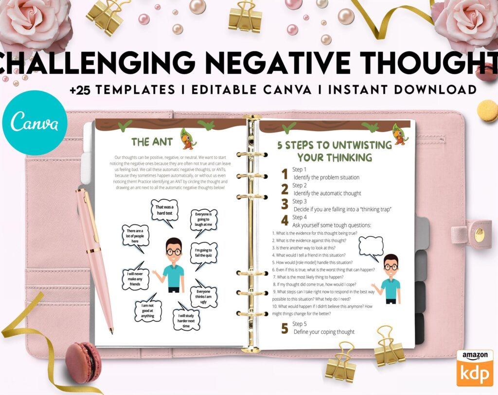 Challenging Negative Thoughts, CBT Editable Templates Worksheets, Self care journal, Self Help Tool Therapy Mental Health Counseling Aid, Canva Editable Templates, Kdp interior