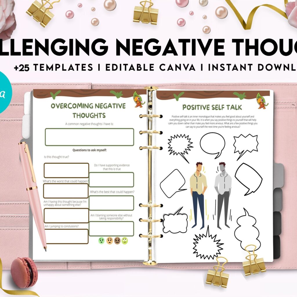 Challenging Negative Thoughts, CBT Editable Templates Worksheets, Self care journal, Self Help Tool Therapy Mental Health Counseling Aid, Canva Editable Templates, Kdp interior