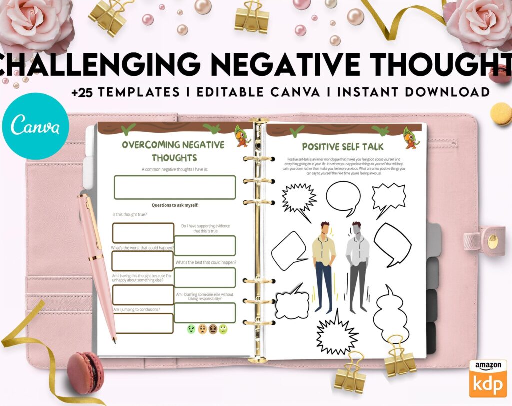 Challenging Negative Thoughts, CBT Editable Templates Worksheets, Self care journal, Self Help Tool Therapy Mental Health Counseling Aid, Canva Editable Templates, Kdp interior