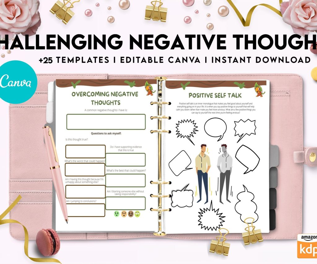 Challenging Negative Thoughts, CBT Editable Templates Worksheets, Self care journal, Self Help Tool Therapy Mental Health Counseling Aid, Canva Editable Templates, Kdp interior