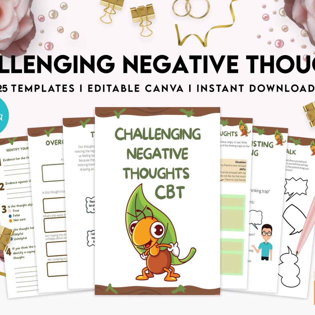 Challenging Negative Thoughts, CBT Editable Templates Worksheets, Self care journal, Self Help Tool Therapy Mental Health Counseling Aid, Canva Editable Templates, Kdp interior