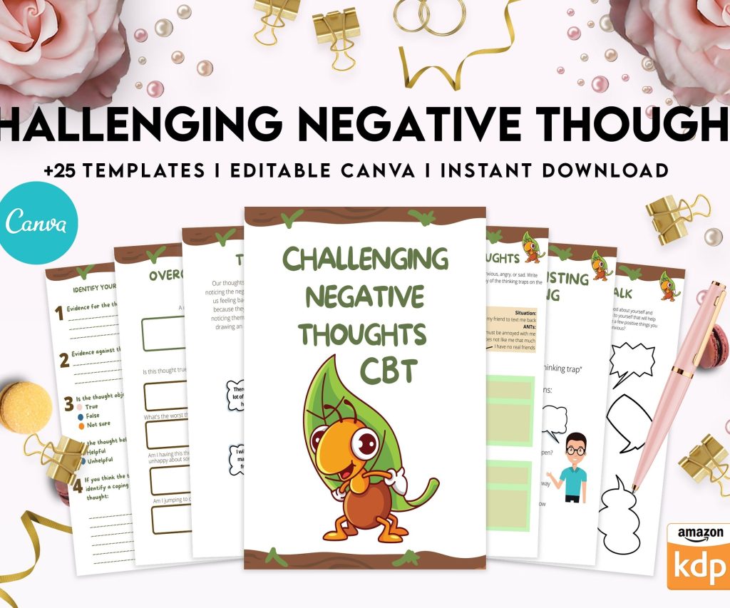 Challenging Negative Thoughts, CBT Editable Templates Worksheets, Self care journal, Self Help Tool Therapy Mental Health Counseling Aid, Canva Editable Templates, Kdp interior