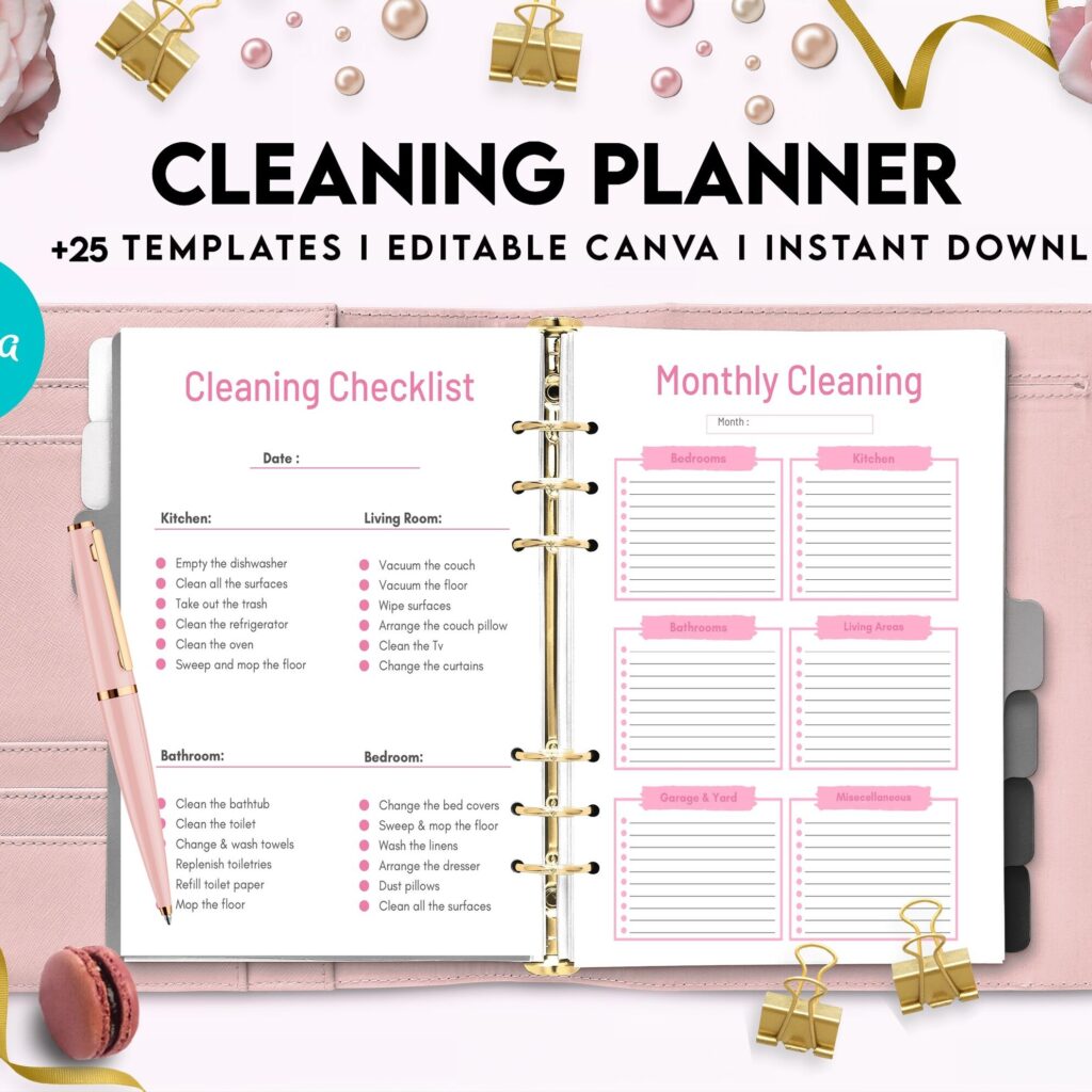 Cleaning Planner, Daily weekly monthly planner, cleaning Checklist, Cleaning tracker, Canva Editable Templates, Kdp interior