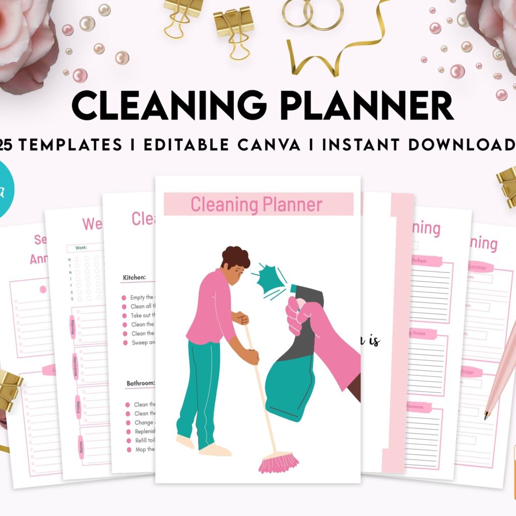 Cleaning Planner, Daily weekly monthly planner, cleaning Checklist, Cleaning tracker, Canva Editable Templates, Kdp interior