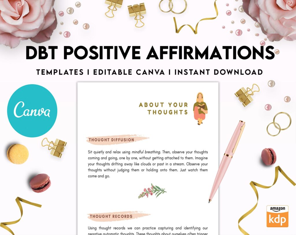 DBT Bundle, Diary Card, Cheat Sheet, Positive Affirmations, Dialectical Behavior Therapy, Canva Editable Templates, Kdp interior