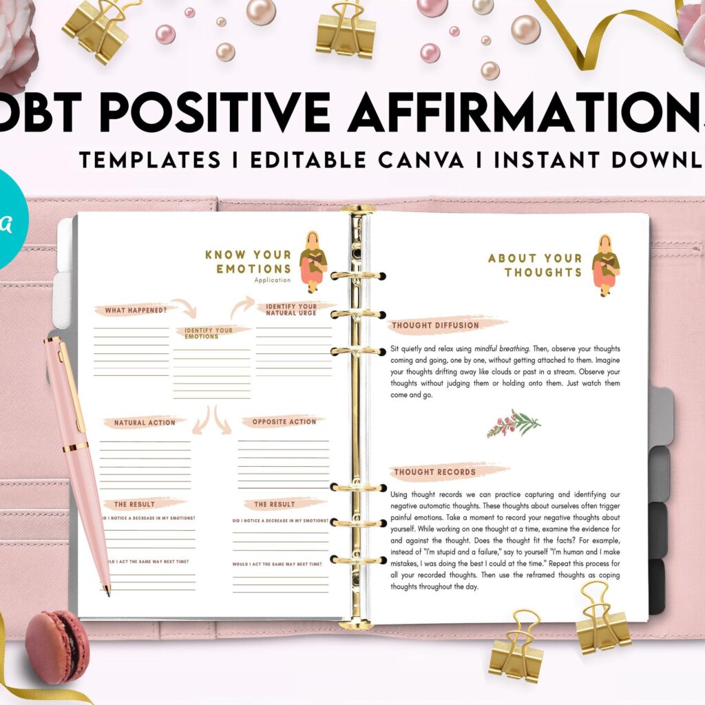 DBT Bundle, Diary Card, Cheat Sheet, Positive Affirmations, Dialectical Behavior Therapy, Canva Editable Templates, Kdp interior