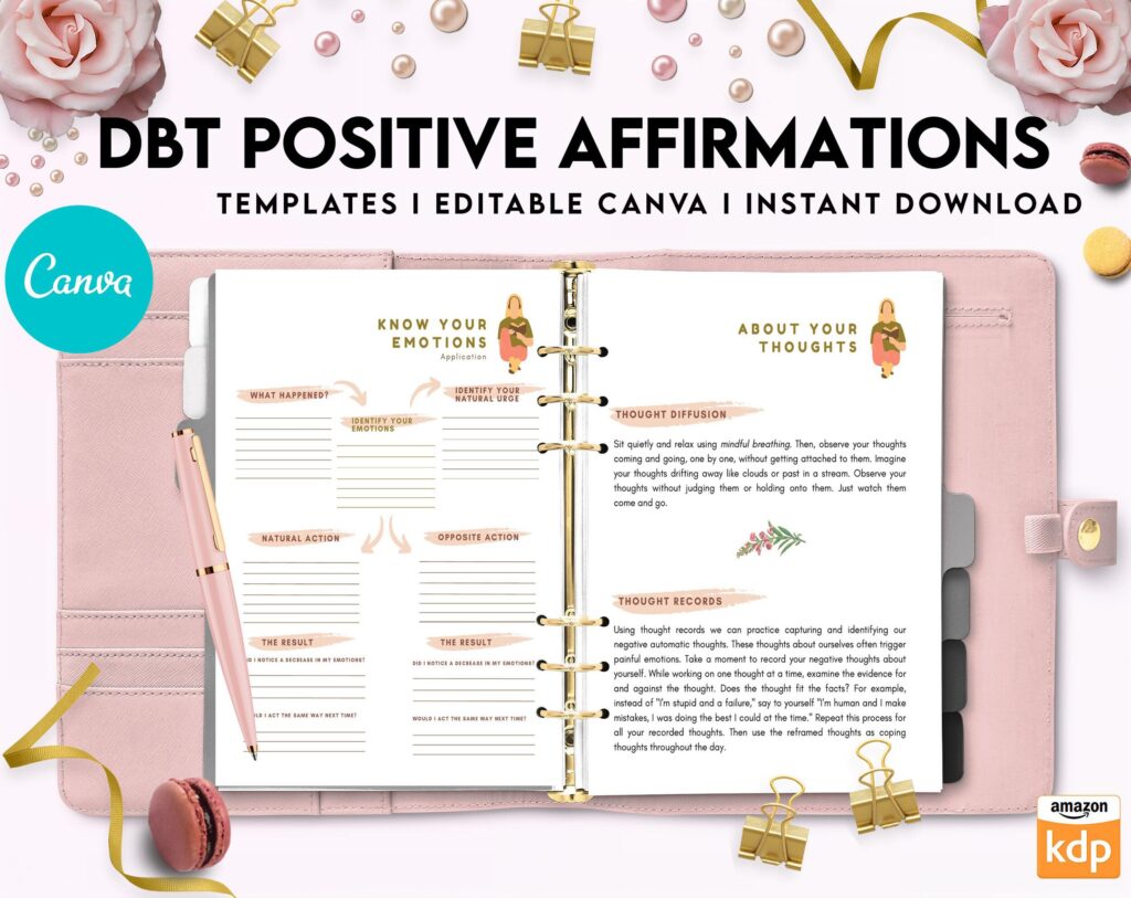 DBT Bundle, Diary Card, Cheat Sheet, Positive Affirmations, Dialectical Behavior Therapy, Canva Editable Templates, Kdp interior