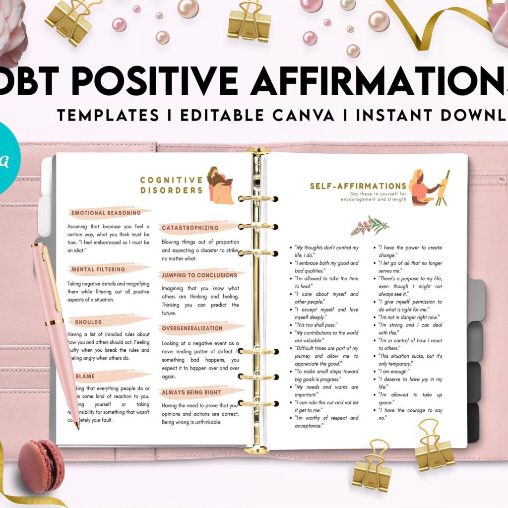DBT Bundle, Diary Card, Cheat Sheet, Positive Affirmations, Dialectical Behavior Therapy, Canva Editable Templates, Kdp interior