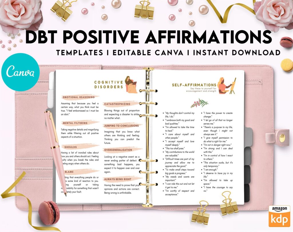 DBT Bundle, Diary Card, Cheat Sheet, Positive Affirmations, Dialectical Behavior Therapy, Canva Editable Templates, Kdp interior