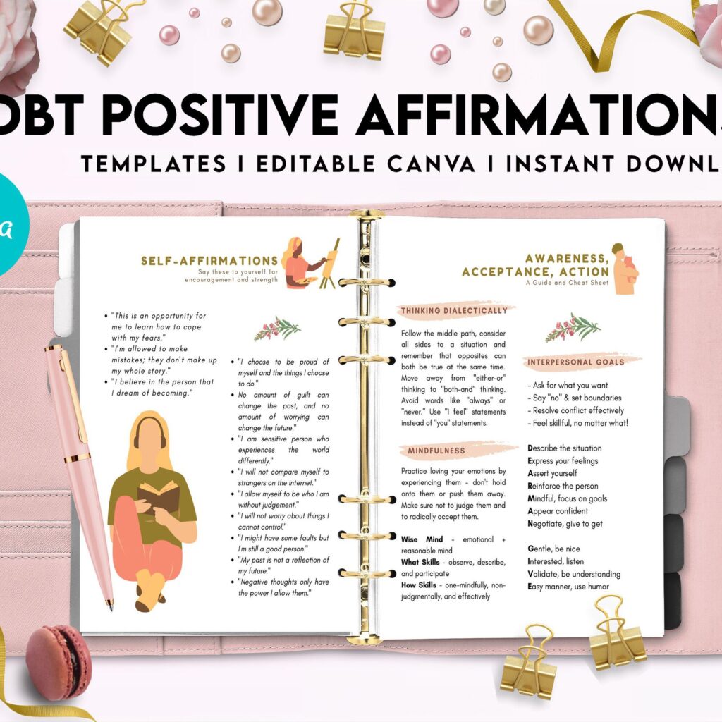 DBT Bundle, Diary Card, Cheat Sheet, Positive Affirmations, Dialectical Behavior Therapy, Canva Editable Templates, Kdp interior