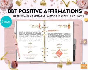 DBT Bundle, Diary Card, Cheat Sheet, Positive Affirmations, Dialectical Behavior Therapy, Canva Editable Templates, Kdp interior