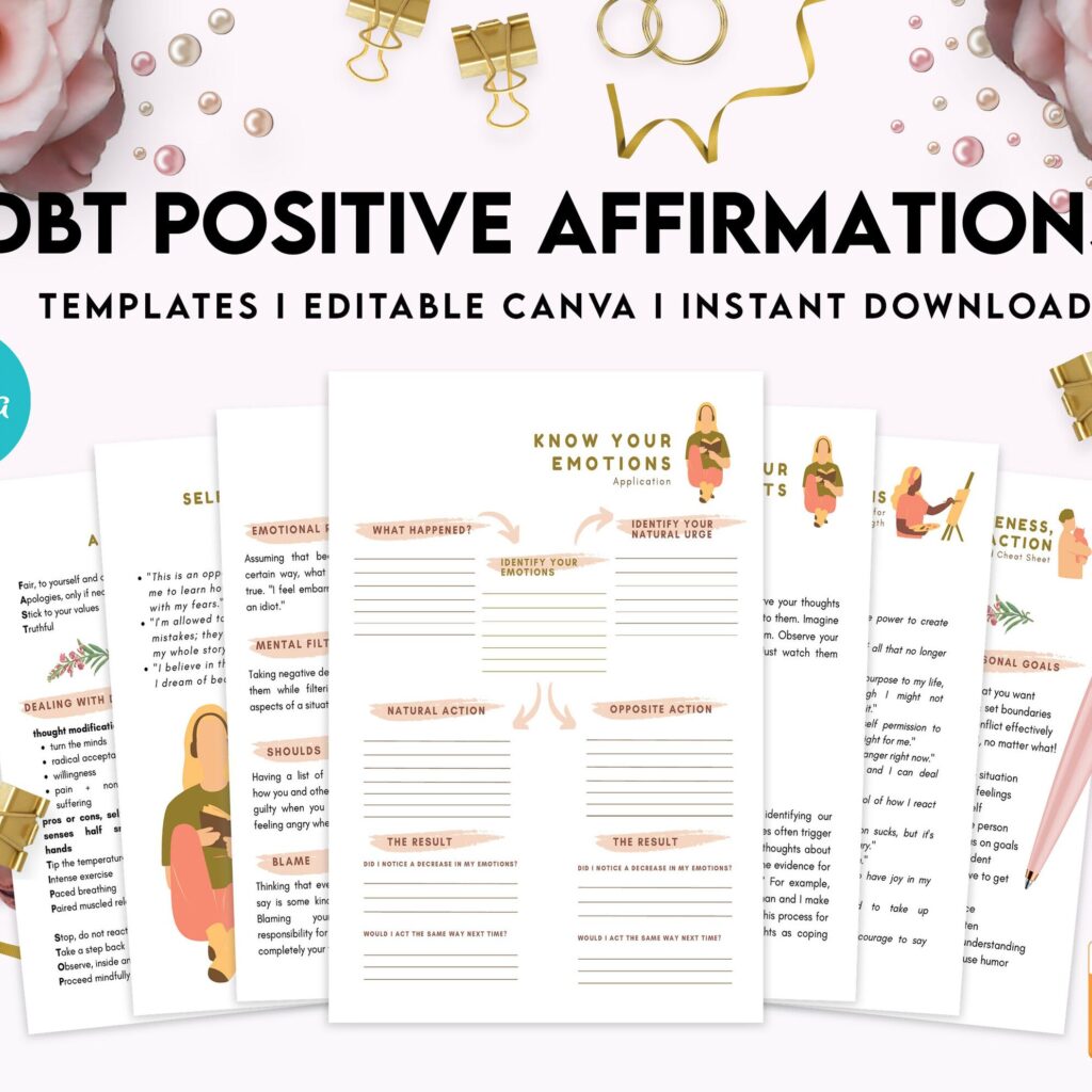 DBT Bundle, Diary Card, Cheat Sheet, Positive Affirmations, Dialectical Behavior Therapy, Canva Editable Templates, Kdp interior