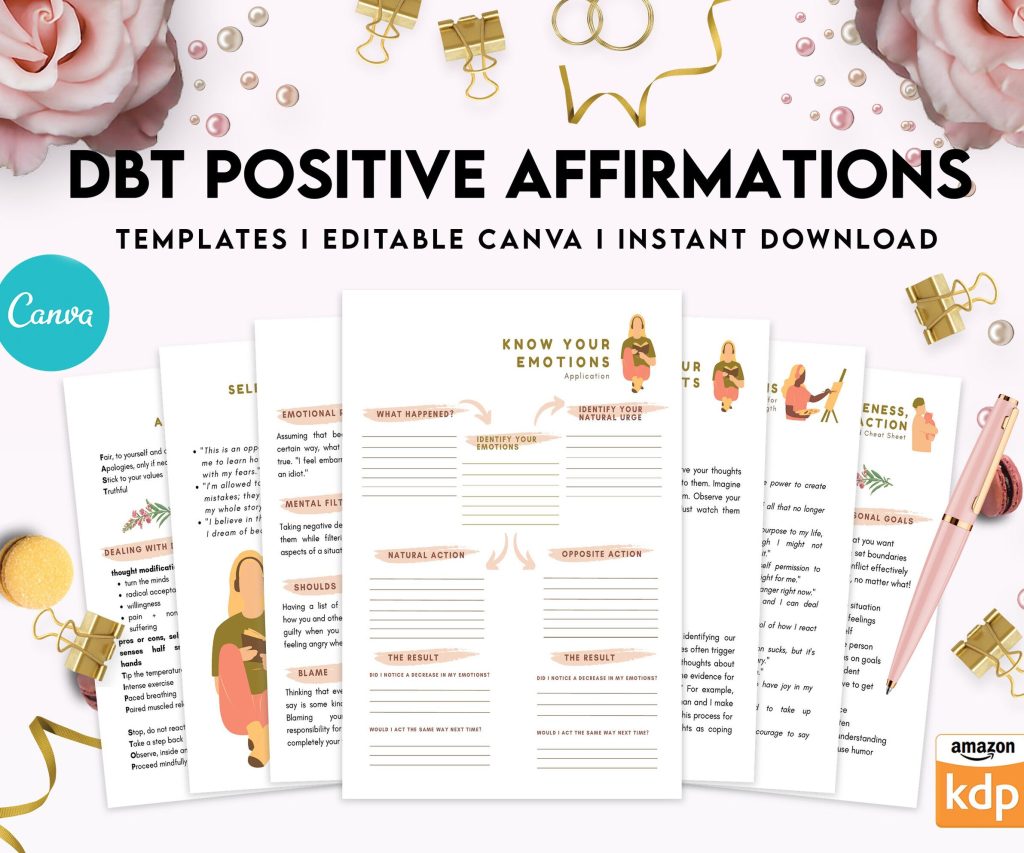 DBT Bundle, Diary Card, Cheat Sheet, Positive Affirmations, Dialectical Behavior Therapy, Canva Editable Templates, Kdp interior