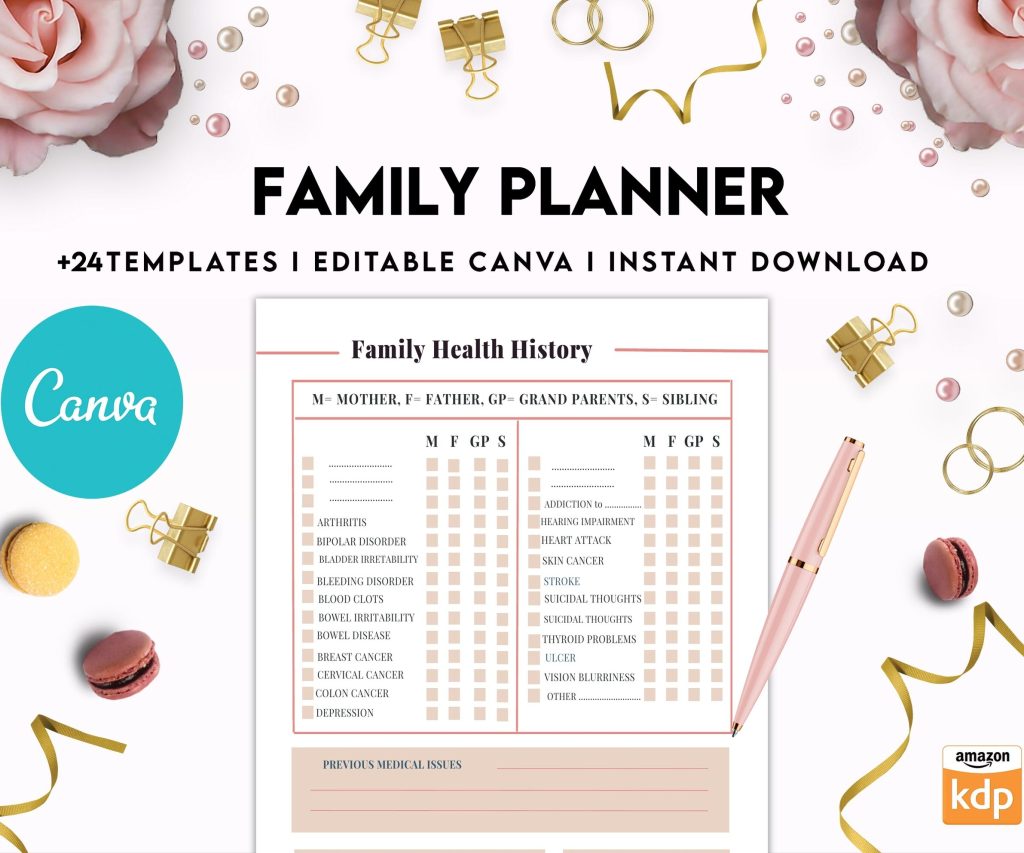 Family Health History, Personal Health History, Medical Record Tracker, Medical Appointment Tracker, Physician Form template, Canva Editable Templates, Kdp interior