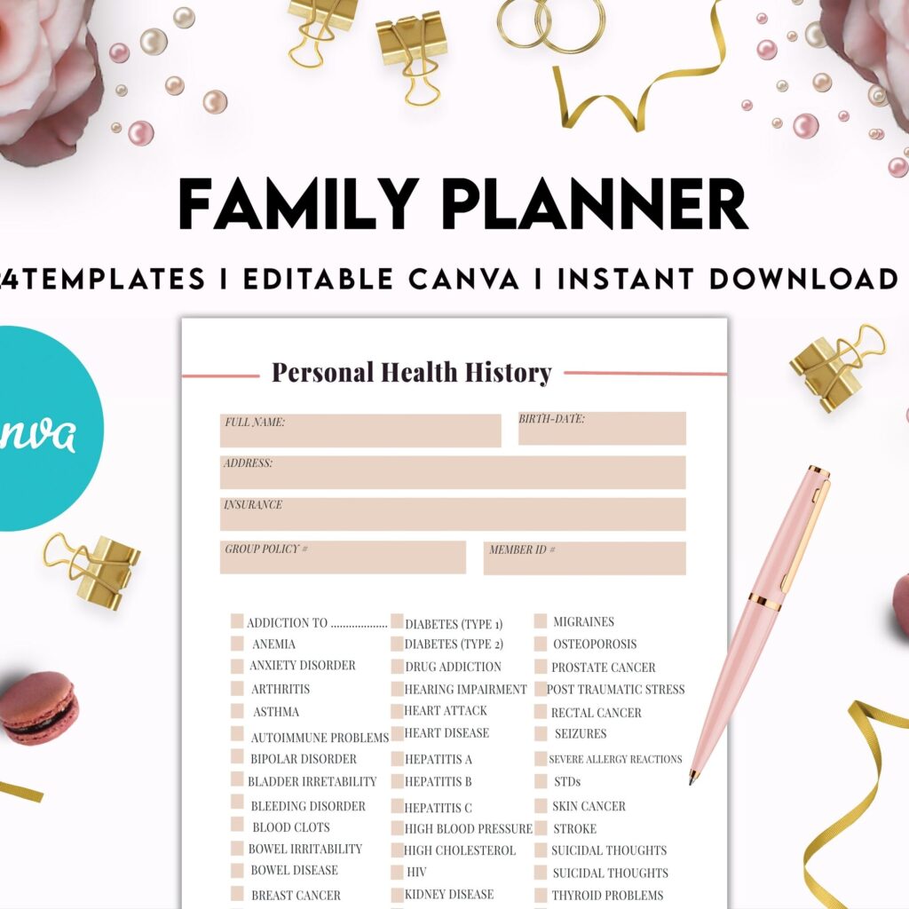 Family Health History, Personal Health History, Medical Record Tracker, Medical Appointment Tracker, Physician Form template, Canva Editable Templates, Kdp interior