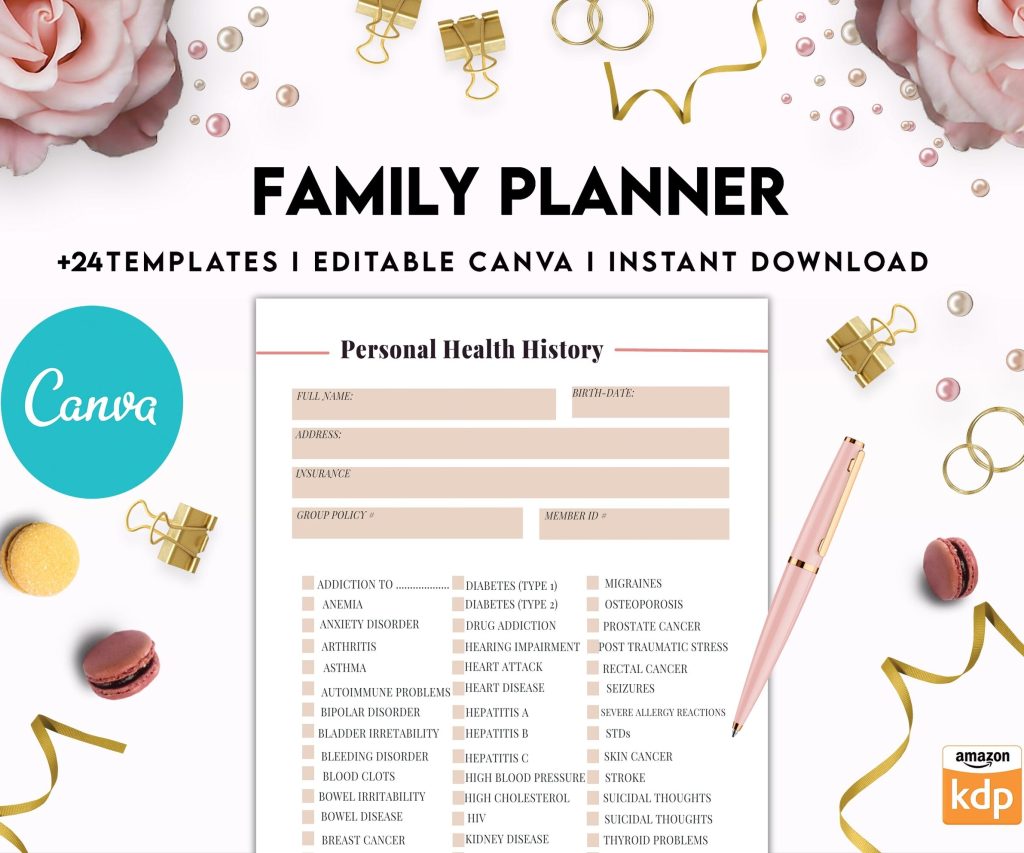 Family Health History, Personal Health History, Medical Record Tracker, Medical Appointment Tracker, Physician Form template, Canva Editable Templates, Kdp interior