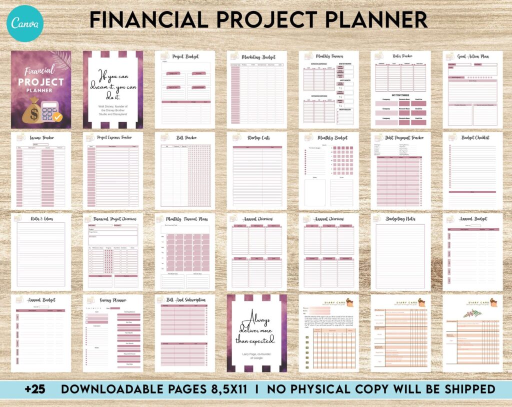 Financial Project Planner | Editable Templates Budget Planner| Finance Savings Tracker Binder| Monthly Debt| Bill Tracker| Expenses Tracker, Canva Editable Templates, Kdp interior