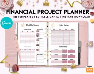 Financial Project Planner | Editable Templates Budget Planner| Finance Savings Tracker Binder| Monthly Debt| Bill Tracker| Expenses Tracker, Canva Editable Templates, Kdp interior