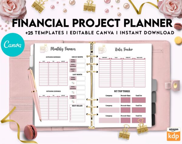 Financial Project Planner | Editable Templates Budget Planner| Finance Savings Tracker Binder| Monthly Debt| Bill Tracker| Expenses Tracker, Canva Editable Templates, Kdp interior