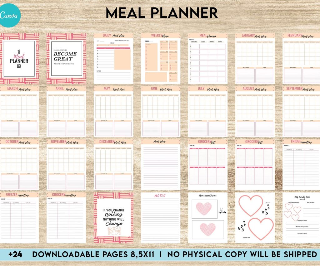 Meal planner, Daily weekly monthly Planner, Grocery List, Fridge Inventory, Canva Editable Templates, Kdp interior