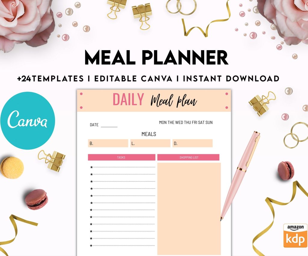 Meal planner, Daily weekly monthly Planner, Grocery List, Fridge Inventory, Canva Editable Templates, Kdp interior