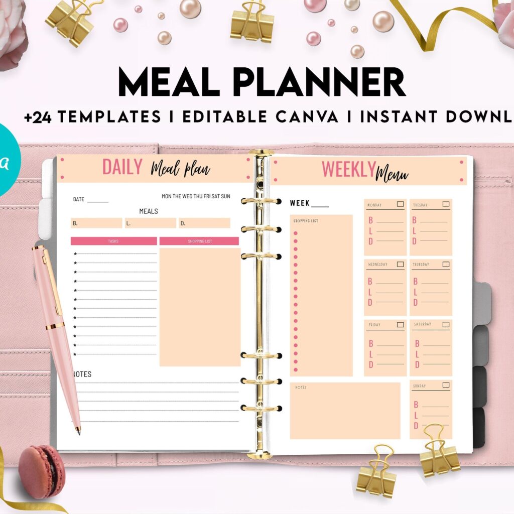 Meal planner, Daily weekly monthly Planner, Grocery List, Fridge Inventory, Canva Editable Templates, Kdp interior