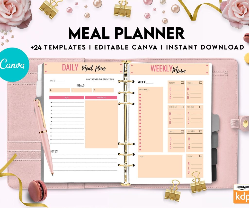Meal planner, Daily weekly monthly Planner, Grocery List, Fridge Inventory, Canva Editable Templates, Kdp interior