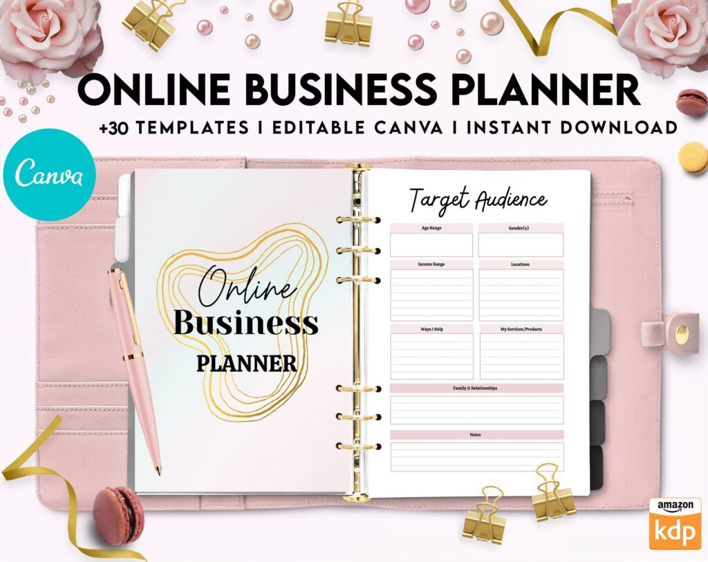 Online Business Planner, Social media statistics, monthly goal, Product Idea, benchmark, Ads tracker, email planner, Canva Editable Templates, Kdp interior