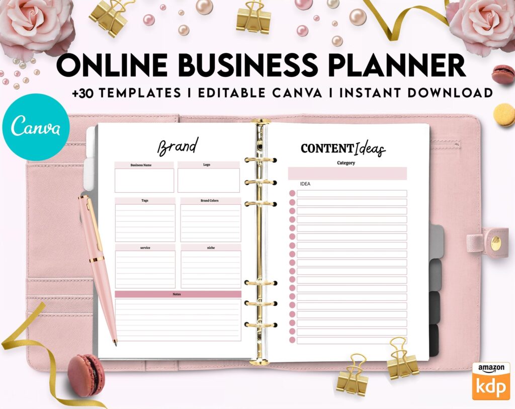 Online Business Planner, Social media statistics, monthly goal, Product Idea, benchmark, Ads tracker, email planner, Canva Editable Templates, Kdp interior