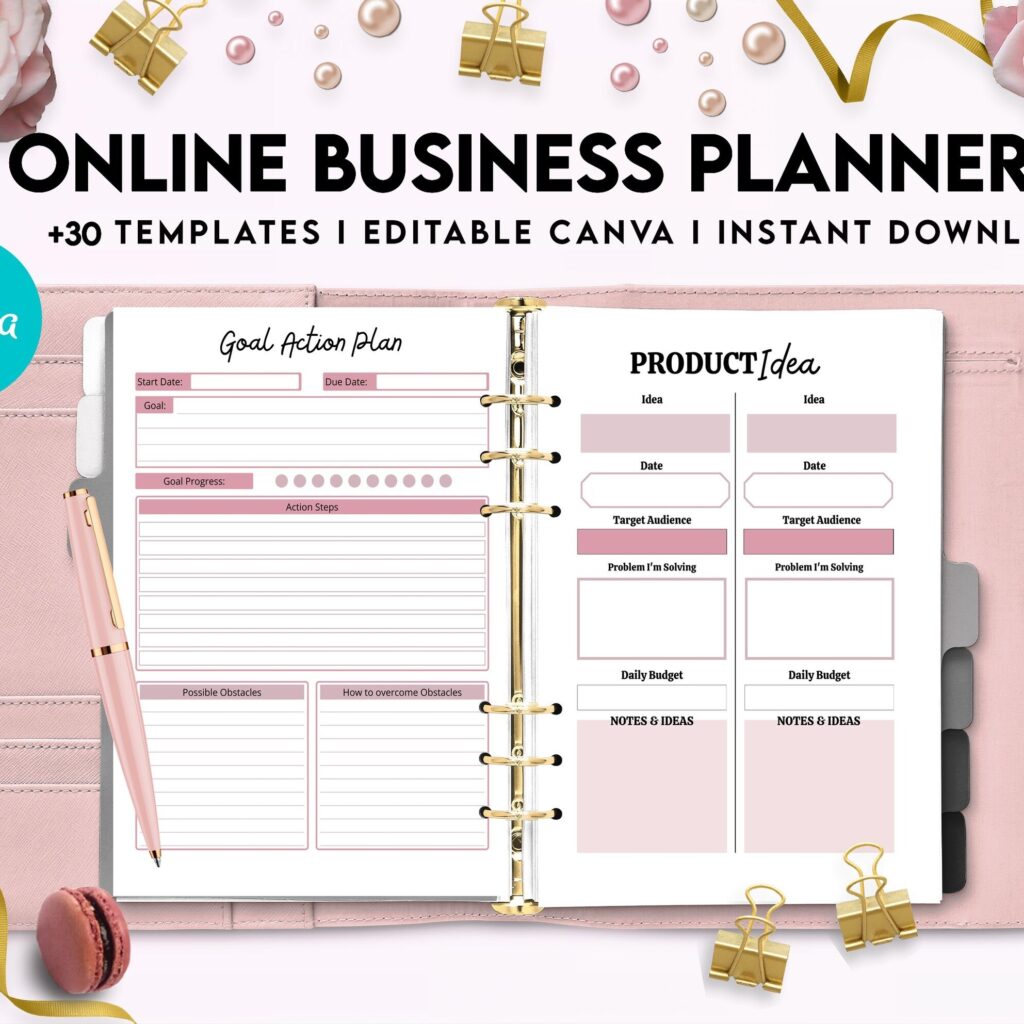 Online Business Planner, Social media statistics, monthly goal, Product Idea, benchmark, Ads tracker, email planner, Canva Editable Templates, Kdp interior