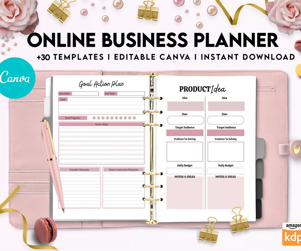 Online Business Planner, Social media statistics, monthly goal, Product Idea, benchmark, Ads tracker, email planner, Canva Editable Templates, Kdp interior