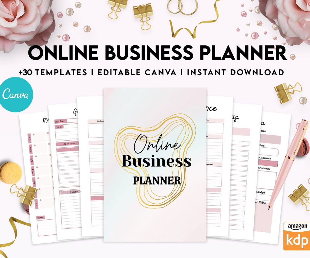 Online Business Planner, Social media statistics, monthly goal, Product Idea, benchmark, Ads tracker, email planner, Canva Editable Templates, Kdp interior
