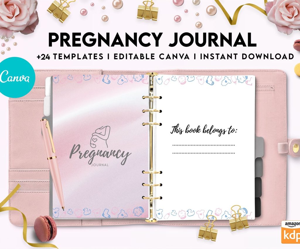 Pregnancy journal, Pregnancy keepsake, Pregnancy Planner, hospital packing list, birth plan, baby shower, health monitoring, Canva Editable Templates, Kdp interior