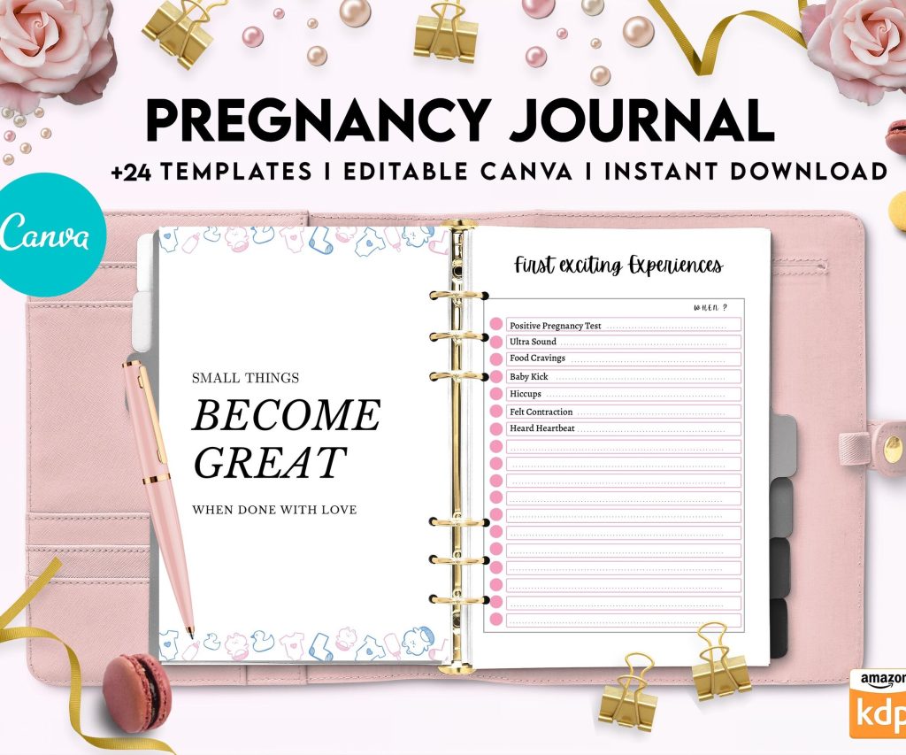 Pregnancy journal, Pregnancy keepsake, Pregnancy Planner, hospital packing list, birth plan, baby shower, health monitoring, Canva Editable Templates, Kdp interior