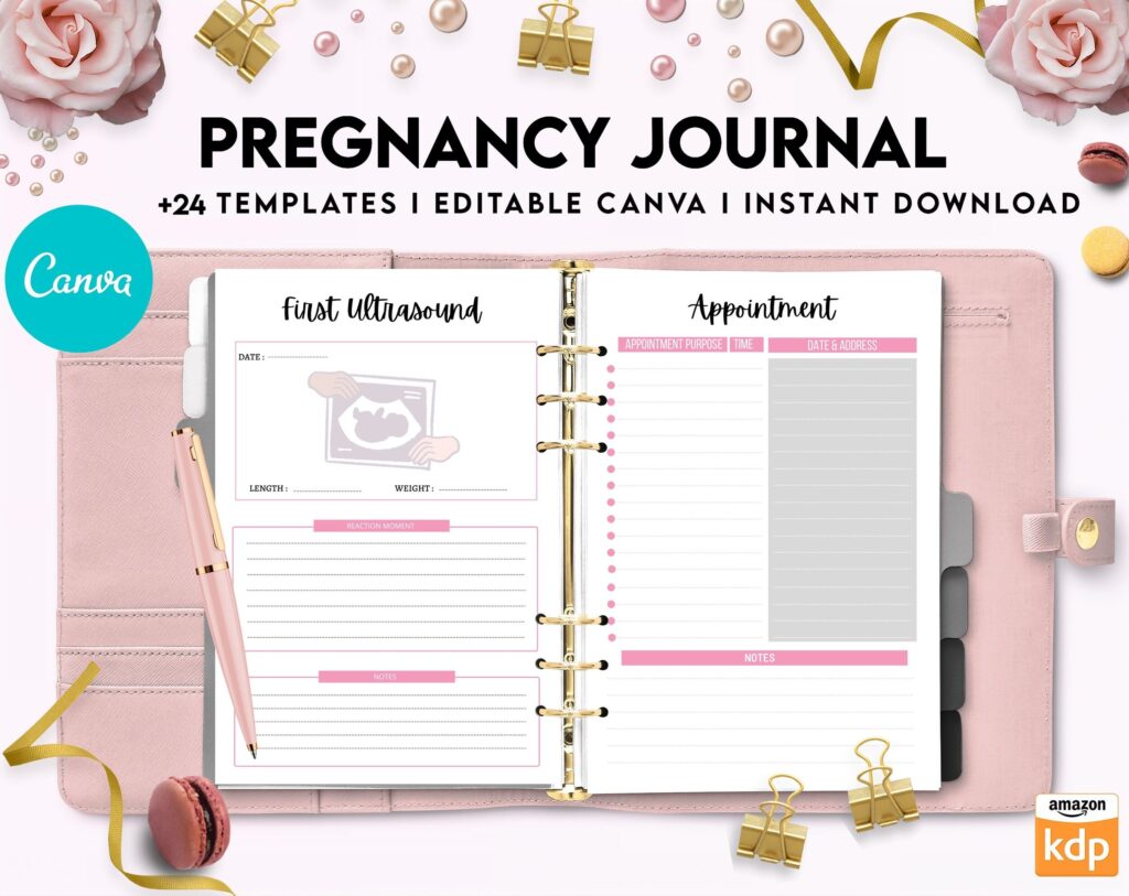 Pregnancy journal, Pregnancy keepsake, Pregnancy Planner, hospital packing list, birth plan, baby shower, health monitoring, Canva Editable Templates, Kdp interior