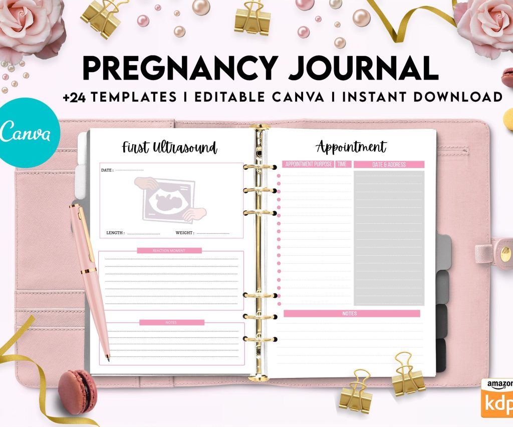Pregnancy journal, Pregnancy keepsake, Pregnancy Planner, hospital packing list, birth plan, baby shower, health monitoring, Canva Editable Templates, Kdp interior