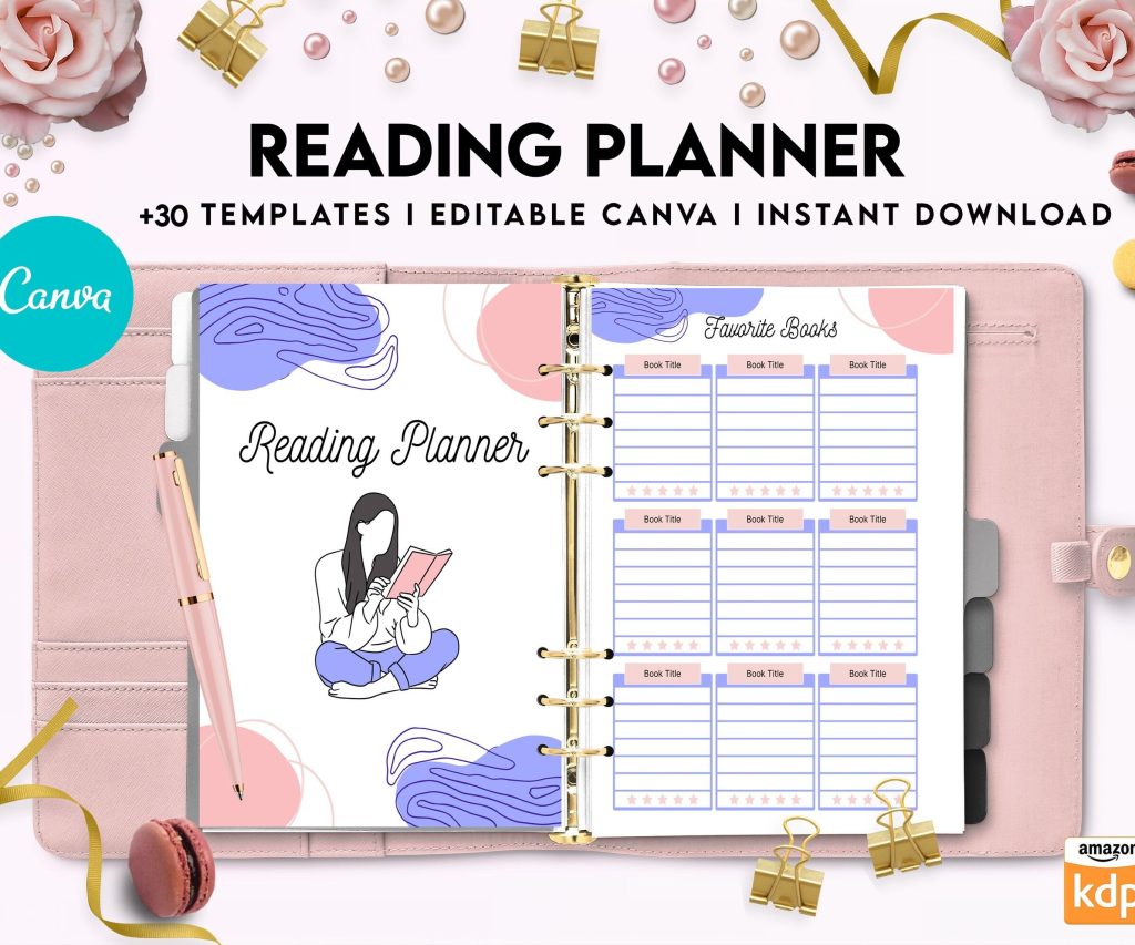Reading Planner Editable Templates | Reading Journal Tracker | Book Review Reading Tracker | Reading Planner, Read Plan Pages, Canva Editable Templates, Kdp interior