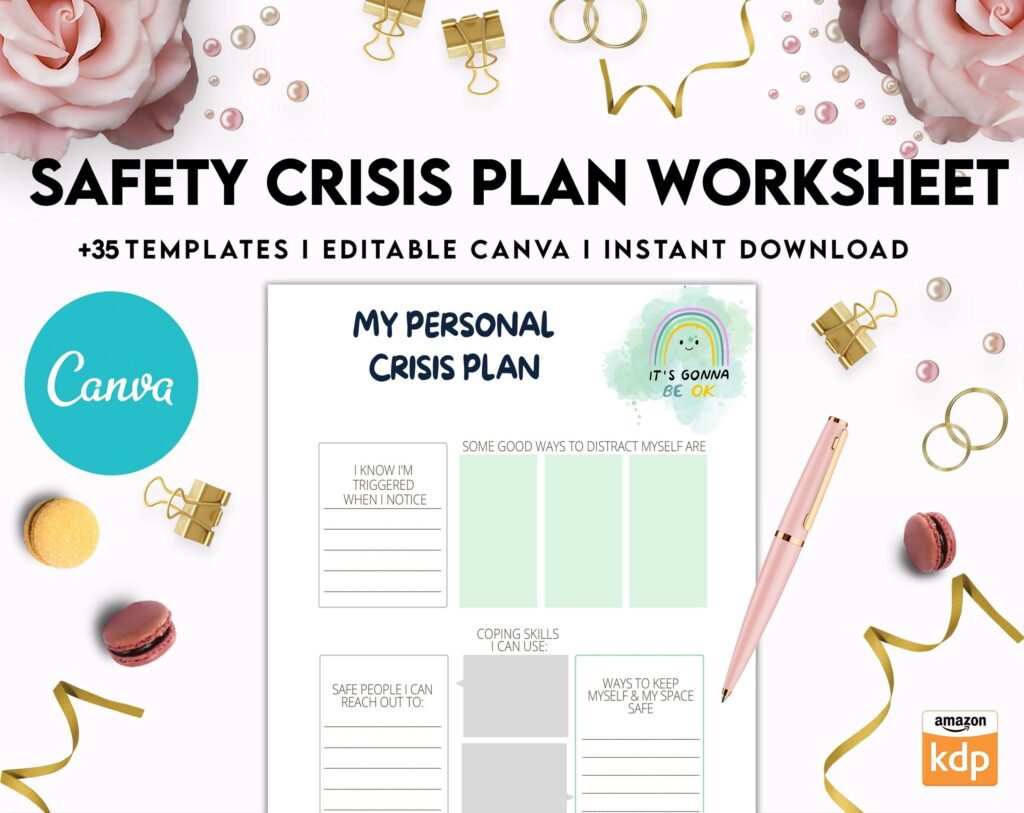 Editable Templates Safety Crisis Plan journal, Safety plan Worksheet, Therapy Aid, School Counselor, Psychology Tools, Self Help Mental Health, Canva Editable Templates, Kdp interior