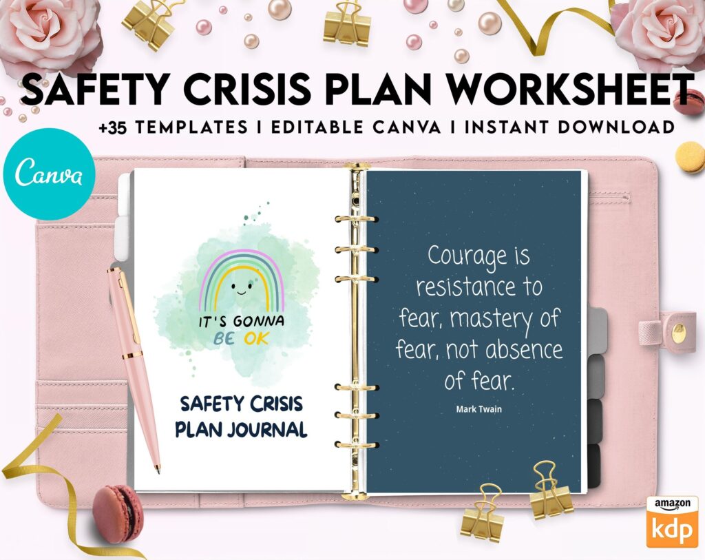 Editable Templates Safety Crisis Plan journal, Safety plan Worksheet, Therapy Aid, School Counselor, Psychology Tools, Self Help Mental Health, Canva Editable Templates, Kdp interior