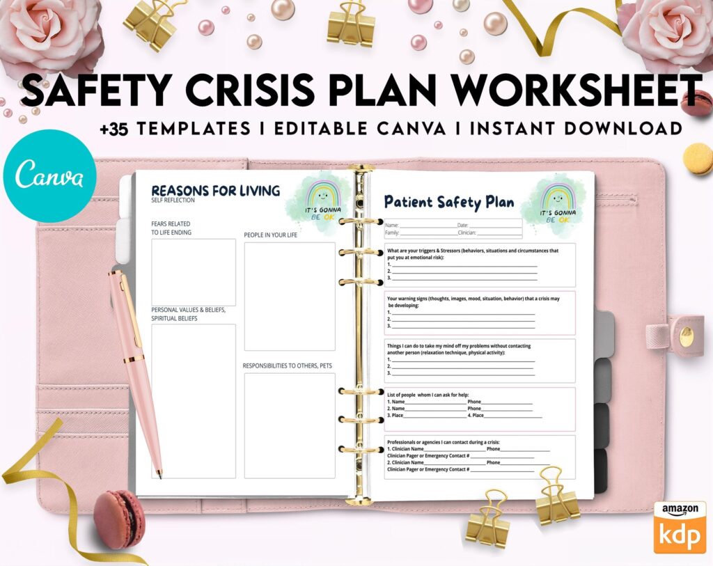 Editable Templates Safety Crisis Plan journal, Safety plan Worksheet, Therapy Aid, School Counselor, Psychology Tools, Self Help Mental Health, Canva Editable Templates, Kdp interior