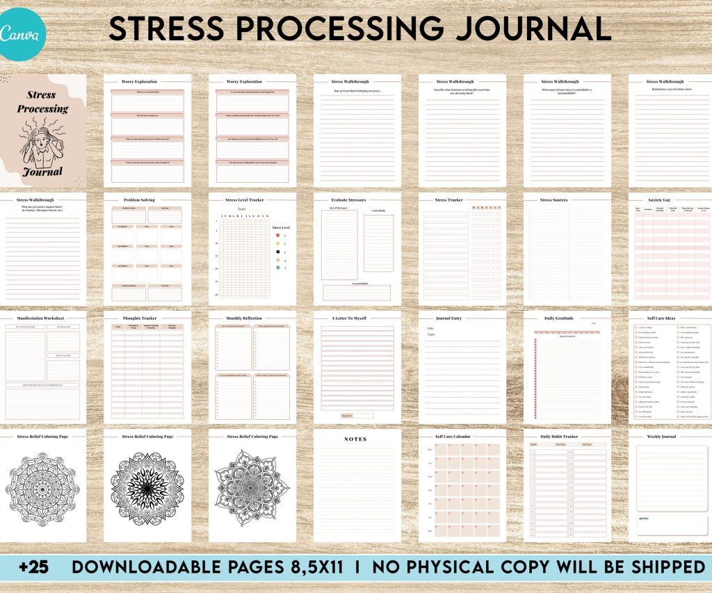 Stress Processing Journal Pages for daily self care, mental health, and emotion list with breakdown worksheets, Canva Editable Templates, Kdp interior