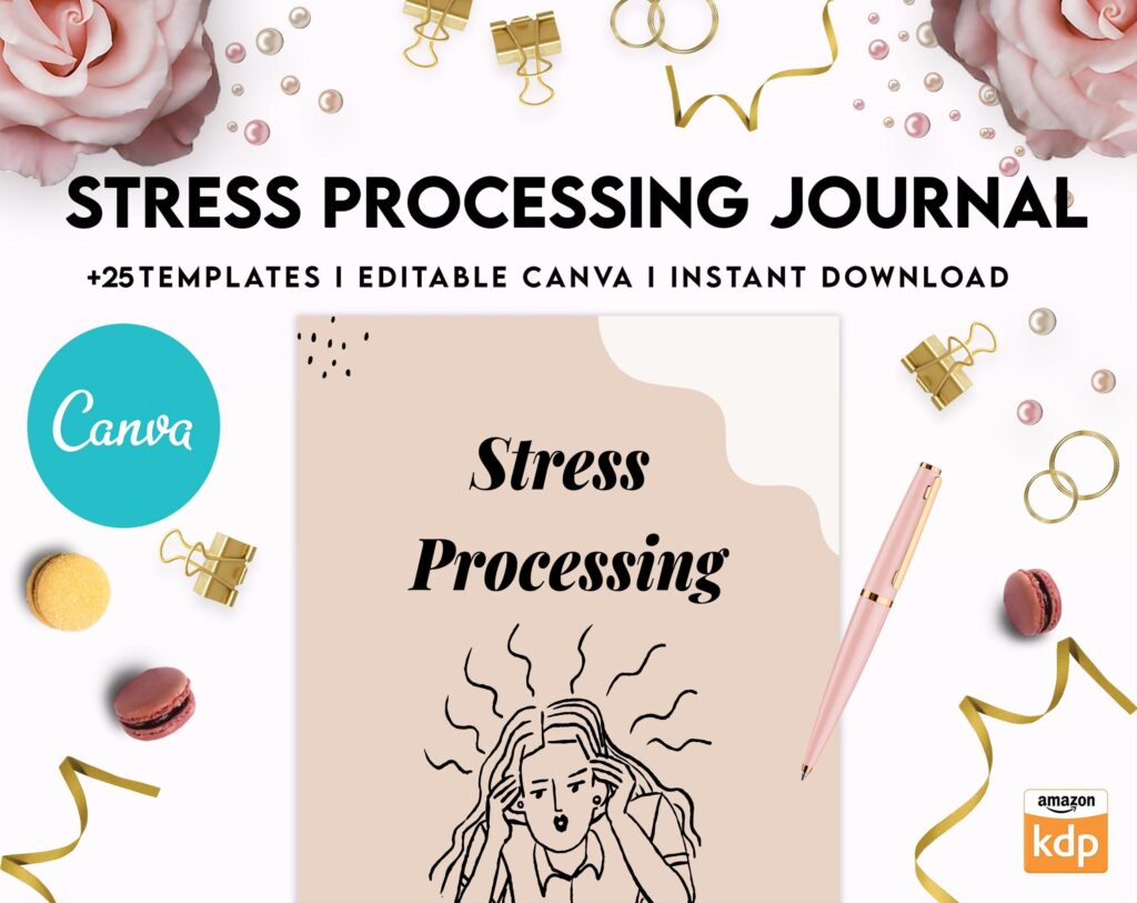 Stress Processing Journal Pages for daily self care, mental health, and emotion list with breakdown worksheets, Canva Editable Templates, Kdp interior