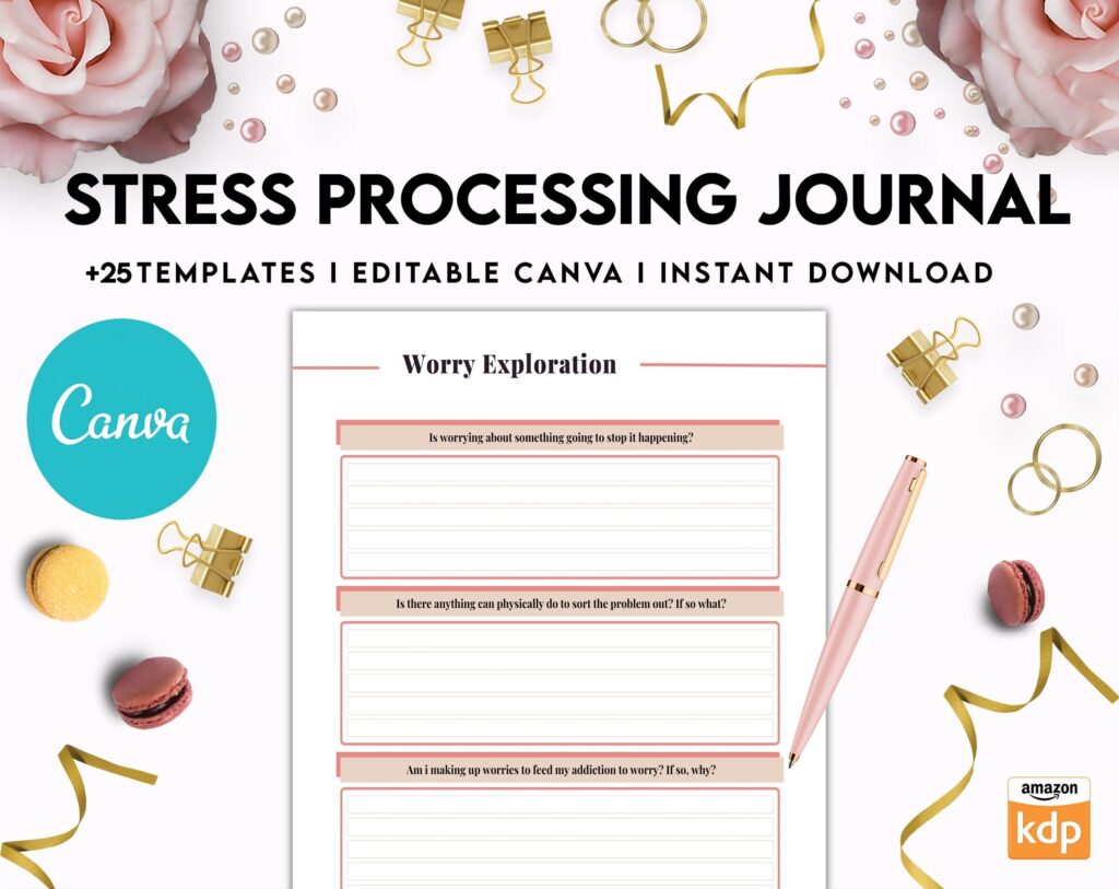 Stress Processing Journal Pages for daily self care, mental health, and emotion list with breakdown worksheets, Canva Editable Templates, Kdp interior