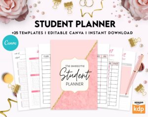 Student Planner , Weekly Schedule, Grade Tracker, Assignment Tracker, Study Planner, Class overview, Canva Editable Templates, Kdp interior