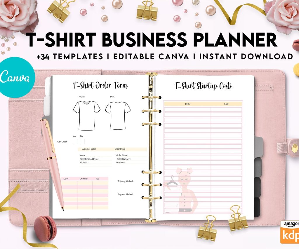 T-shirt Business Planner Template, T-shirt Order form, Invoice, Tracker Etc. , Canva Editable Templates, Kdp interior